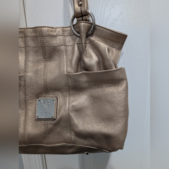 Tignanelle Metallic Gold Pebble Leather Double Handle with Zipper Shoulder Bag - Picture 3 of 13
